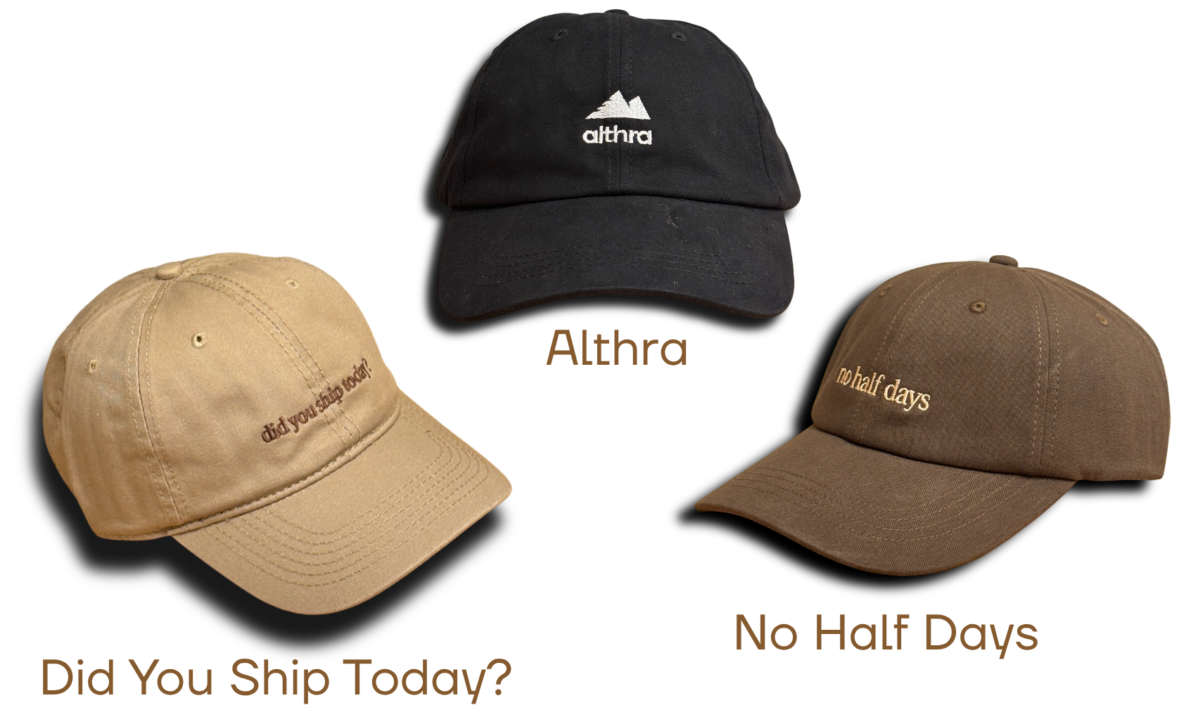 Three labeled Althra caps arranged with tan and brown caps below a black cap